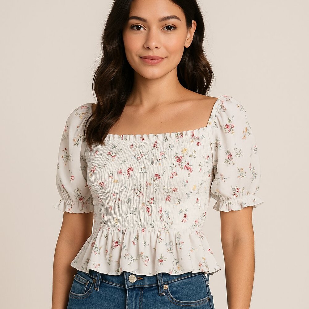 🔥 Closet Sale! Floral Smocked Peplum Blouse – Cottagecore Perfection!